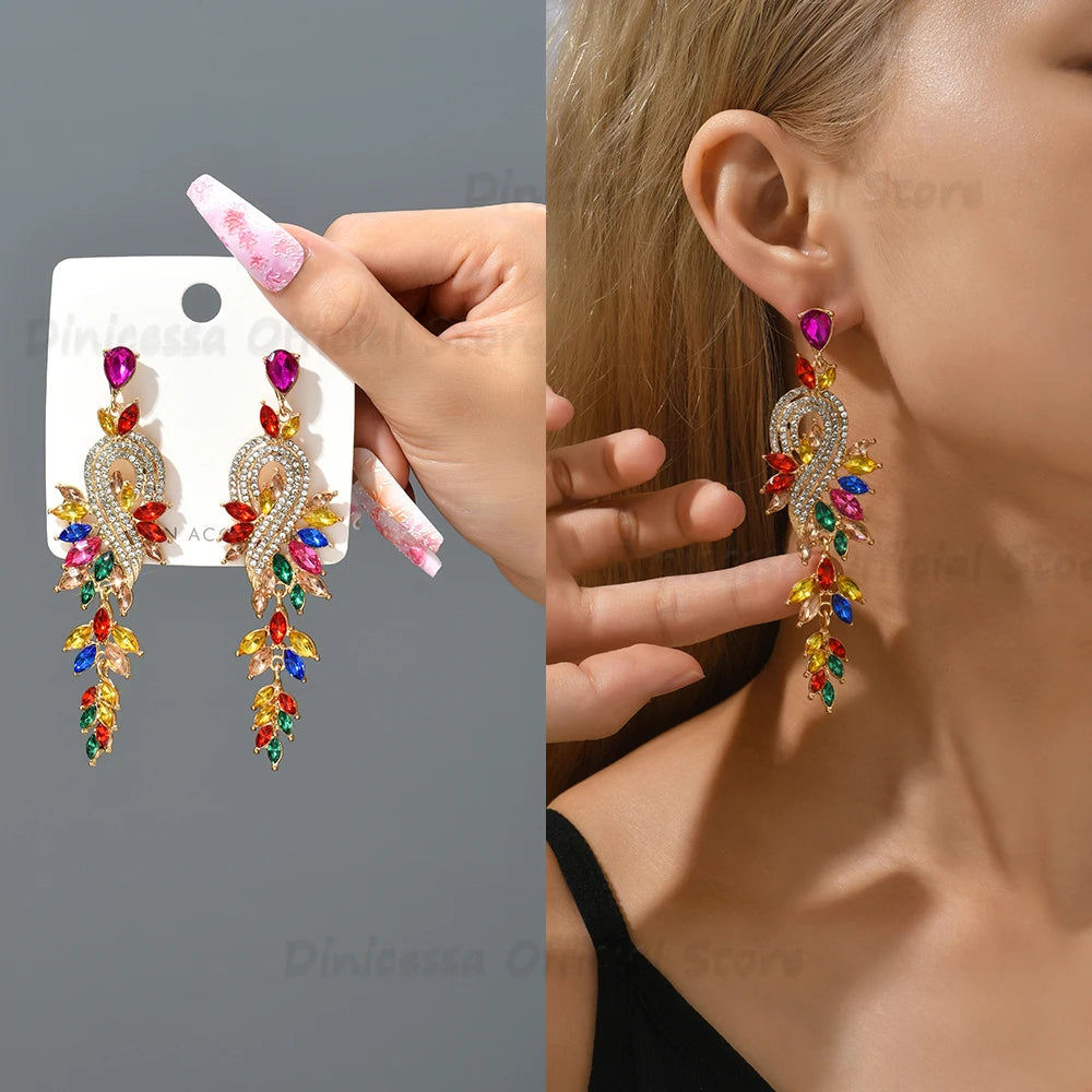 Peacock Leaf Crystal Long Earrings fashionnsio