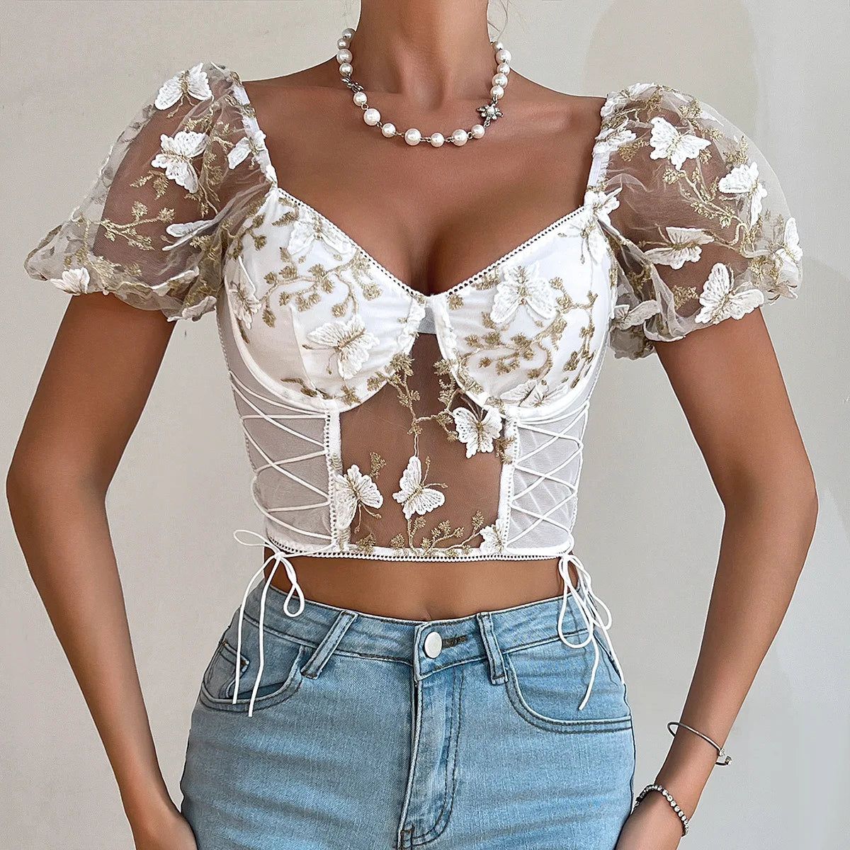 Butterfly Embroidered Lace Up Corset Top