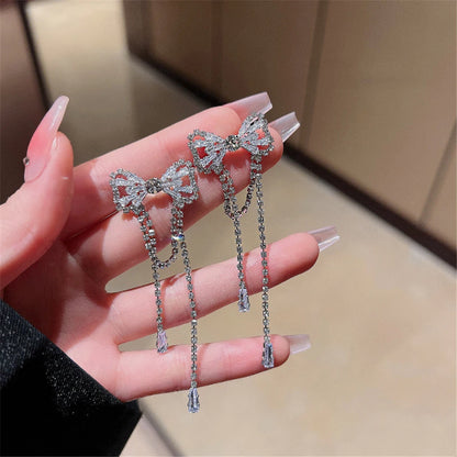 Bowknot Long Zircon Tassel Earrings fashionnsio