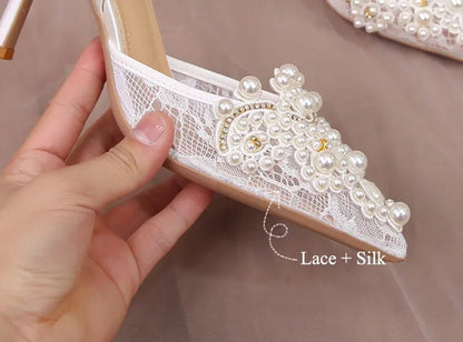 Pearl Crystal Lace White heel