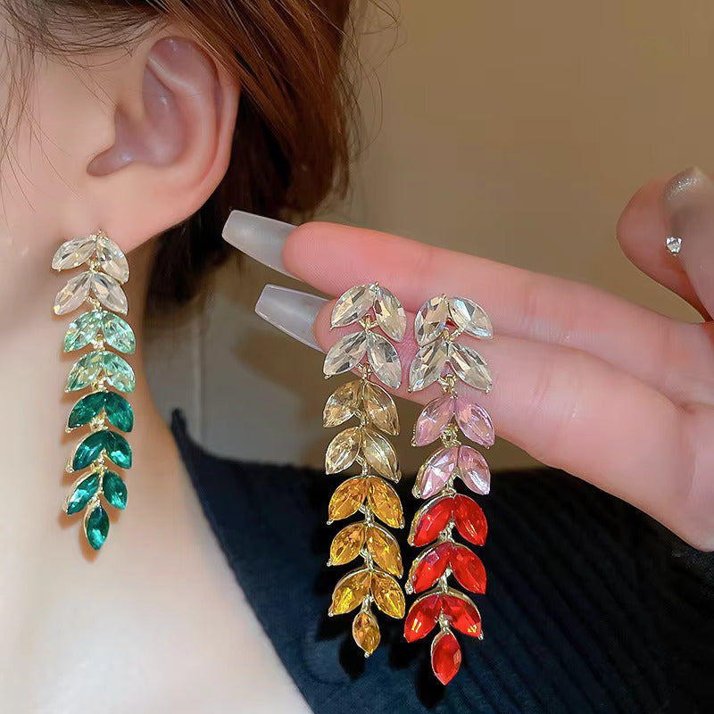 Gradient Diamond Leaves Long Earrings fashionnsio