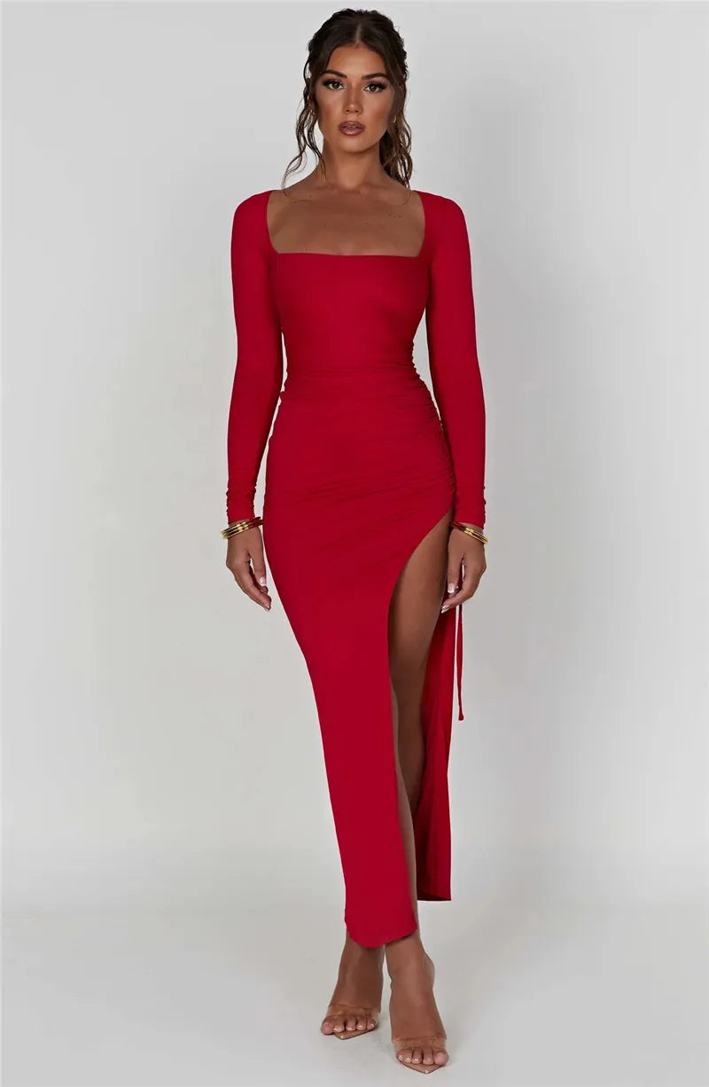 Square-neck Slit Long Dress