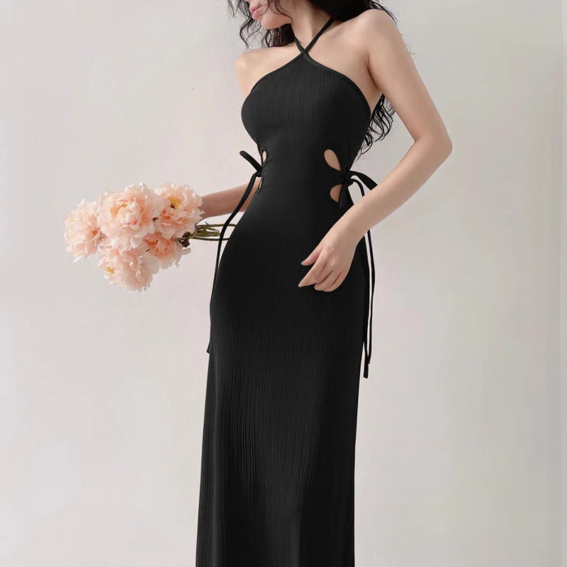 Halter Cut-out Ribbon Long Dress