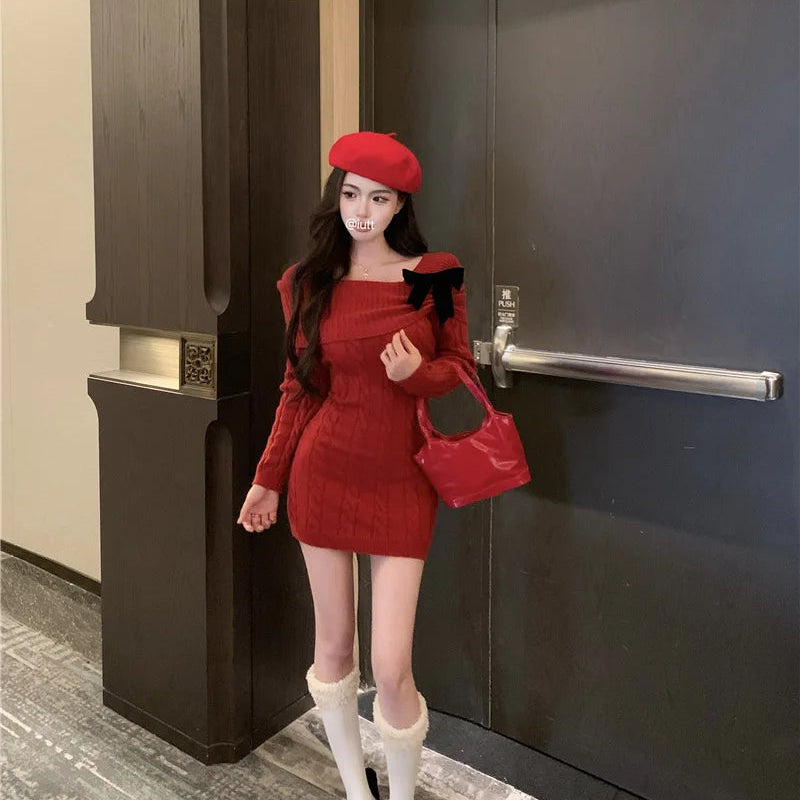 Sweater Knit Mini Bow Dress - Fashionnsio