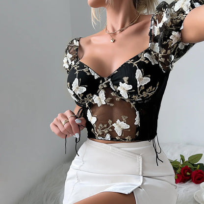 Butterfly Embroidered Lace Up Corset Top