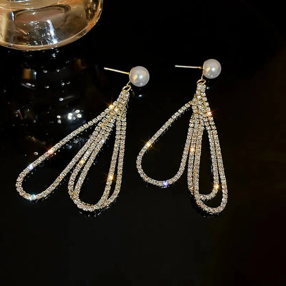 Korean Diamond Long Pearl Dangle Earrings fashionnsio