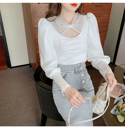 Puff Sleeve Bow Mesh Pleated Top fashionnsio