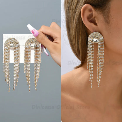 Shiny Long Crystal Tassel Drop Earrings fashionnsio