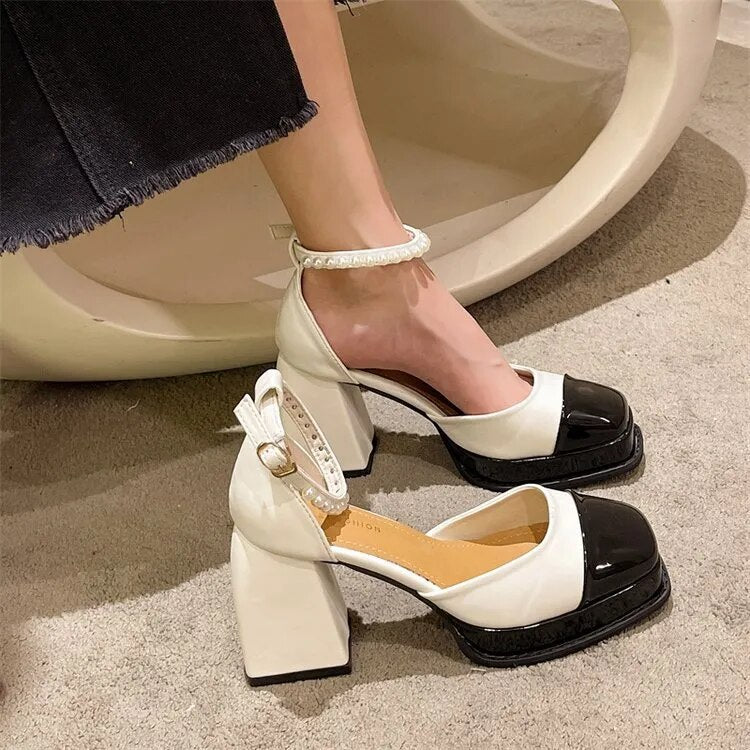 Mary Jane Pearl Chunky Heels fashionnsio