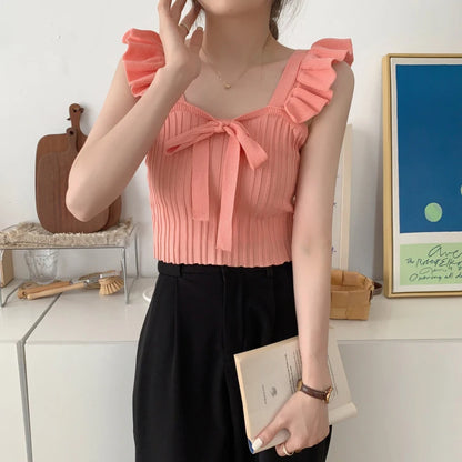 Ruffle Lace Up Knitted Top