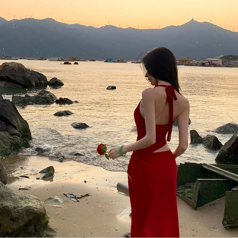 Mesh Splicing Halter Long Dress - Fashionnsio