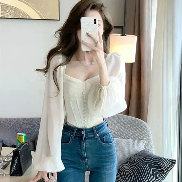 Puff Sleeve Button Corset Top