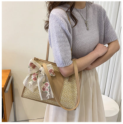 Flower Embroidery Woven Tote Bags - Fashionnsio