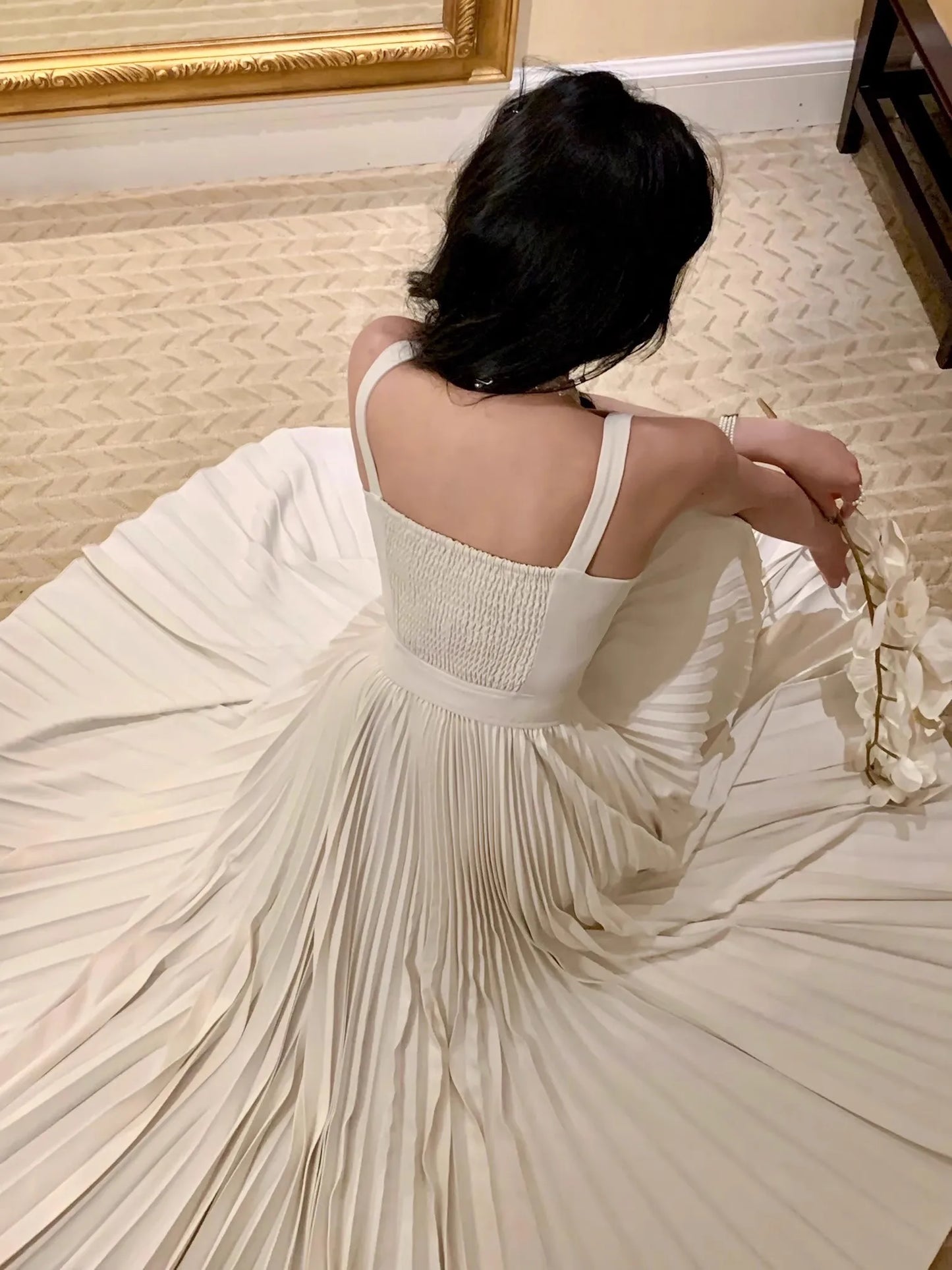 Pleated White Korean Dress