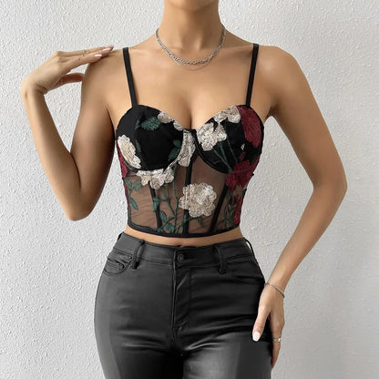 Flower Embroidered Mesh Crop Corset Top