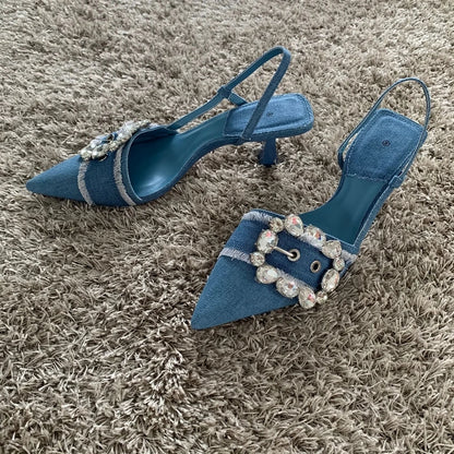 Denim Rhinestone Buckle Heels