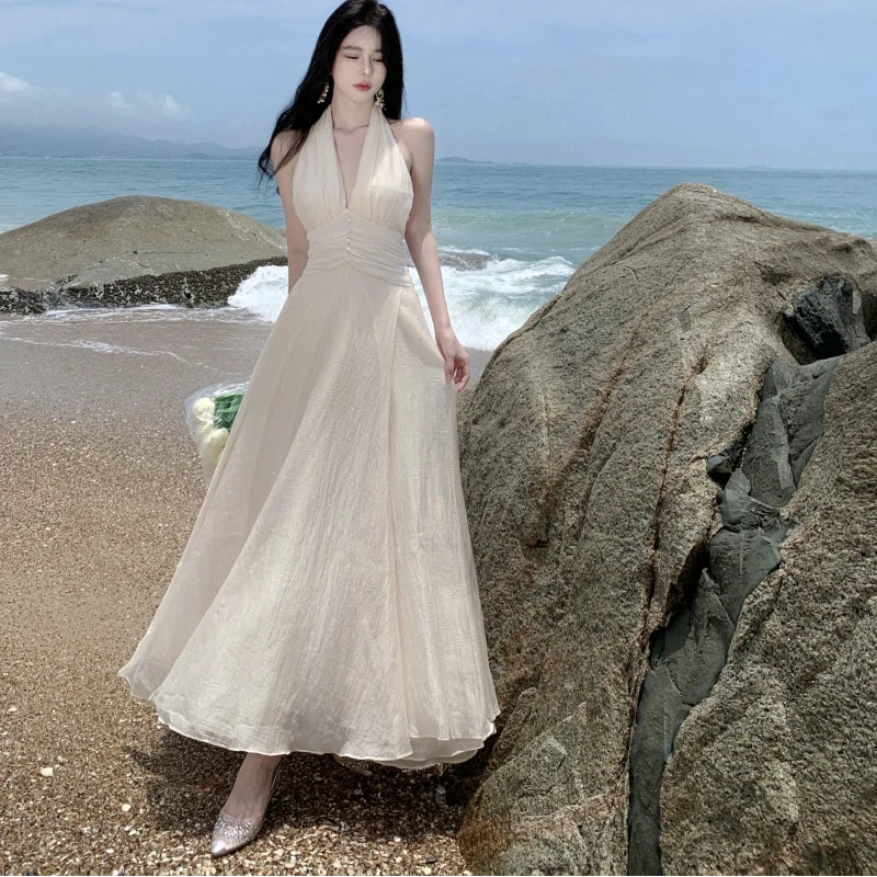 Halter Cinched Waist Maxi Dress - Fashionnsio