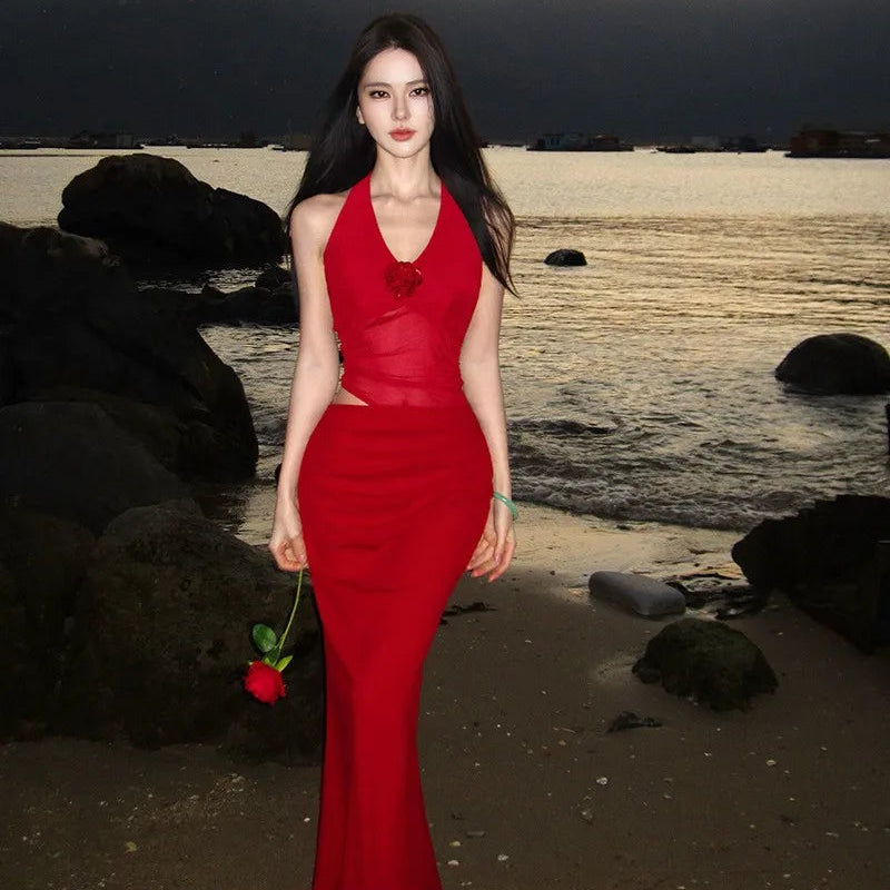 Mesh Splicing Halter Long Dress - Fashionnsio