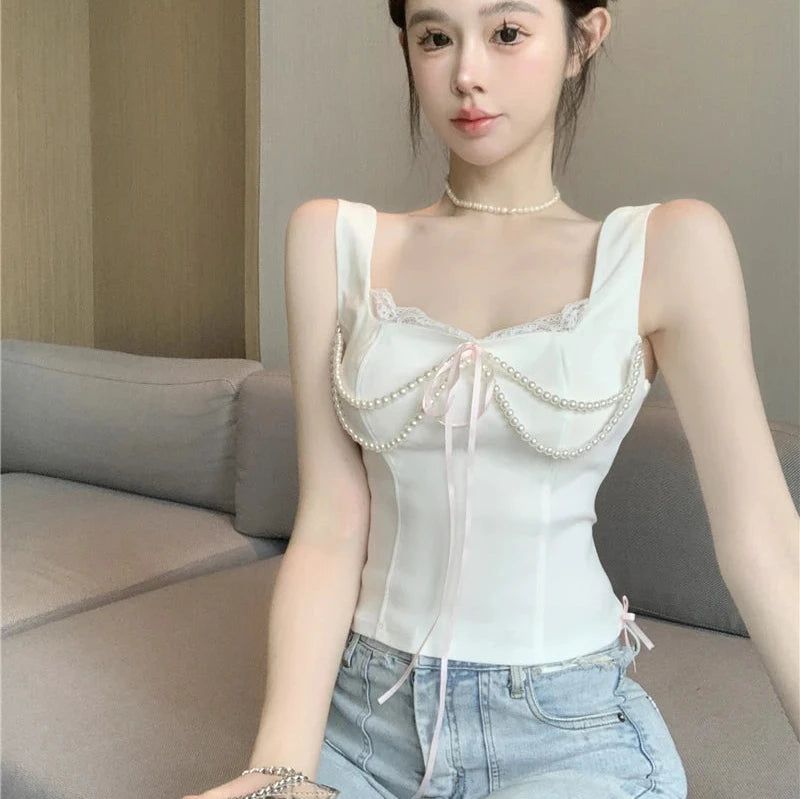 Pearl Bow Lace Coquette Top