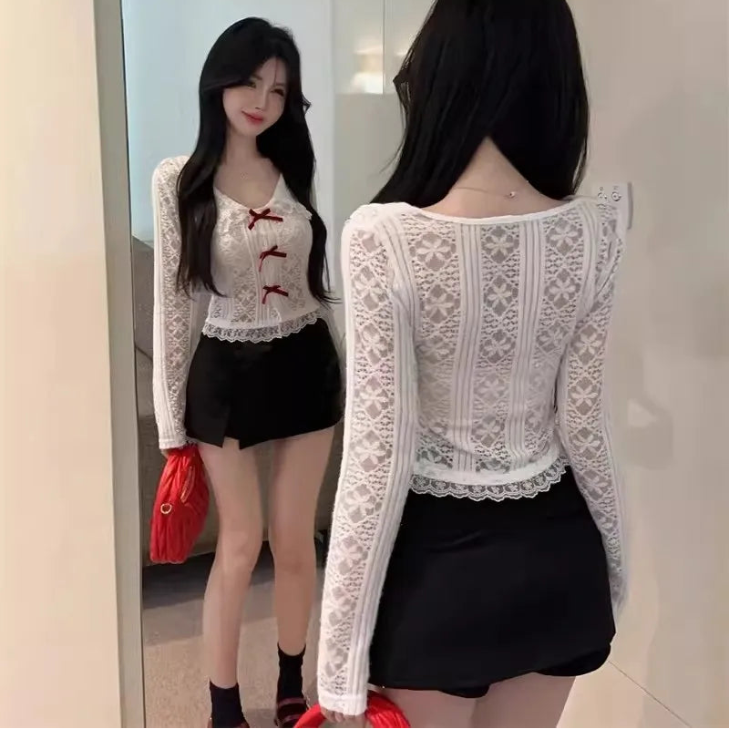 Collar Lace Long Sleeve Top - Fashionnsio