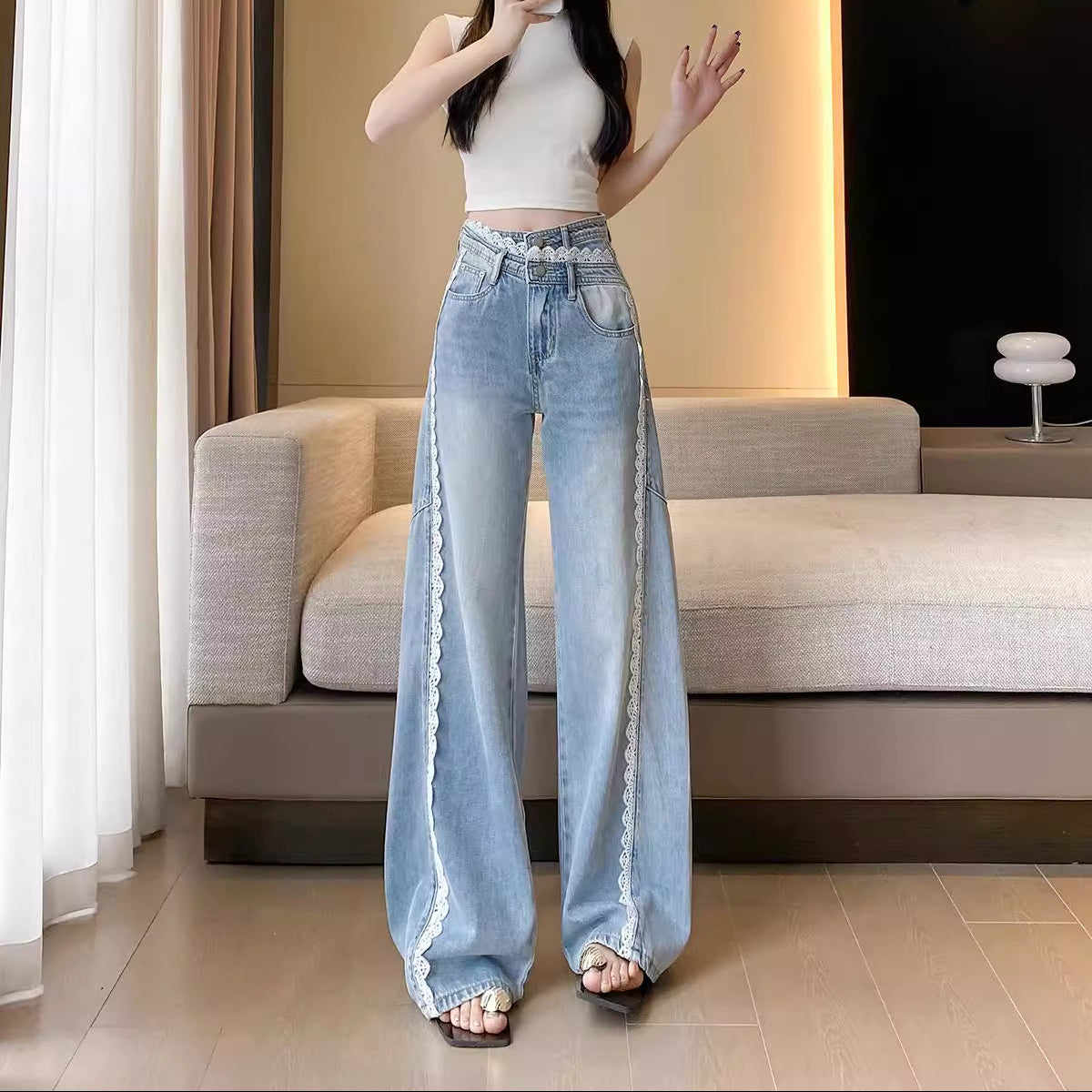 Wide Leg Trim Lace Jeans - Fashionnsio