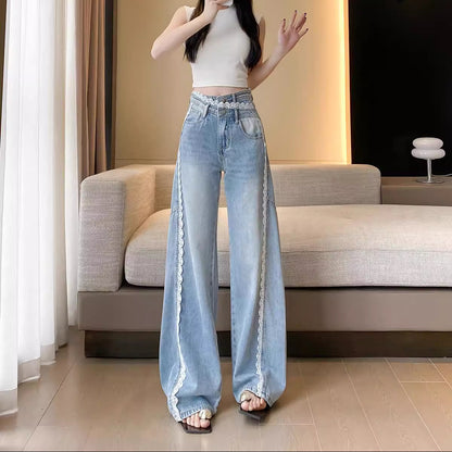 Wide Leg Trim Lace Jeans - Fashionnsio