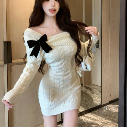 Sweater Knit Mini Bow Dress - Fashionnsio