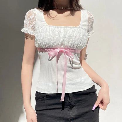 Ribbon Bow Lace Patchwork Top