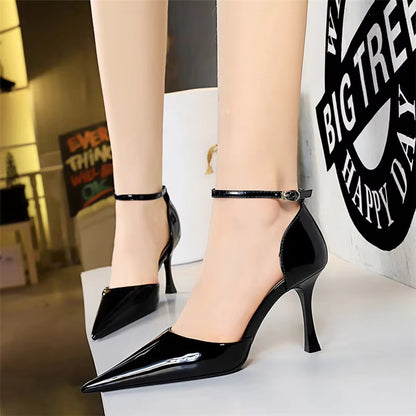 Glossy Ankle Strap Pointed Pencil Heel