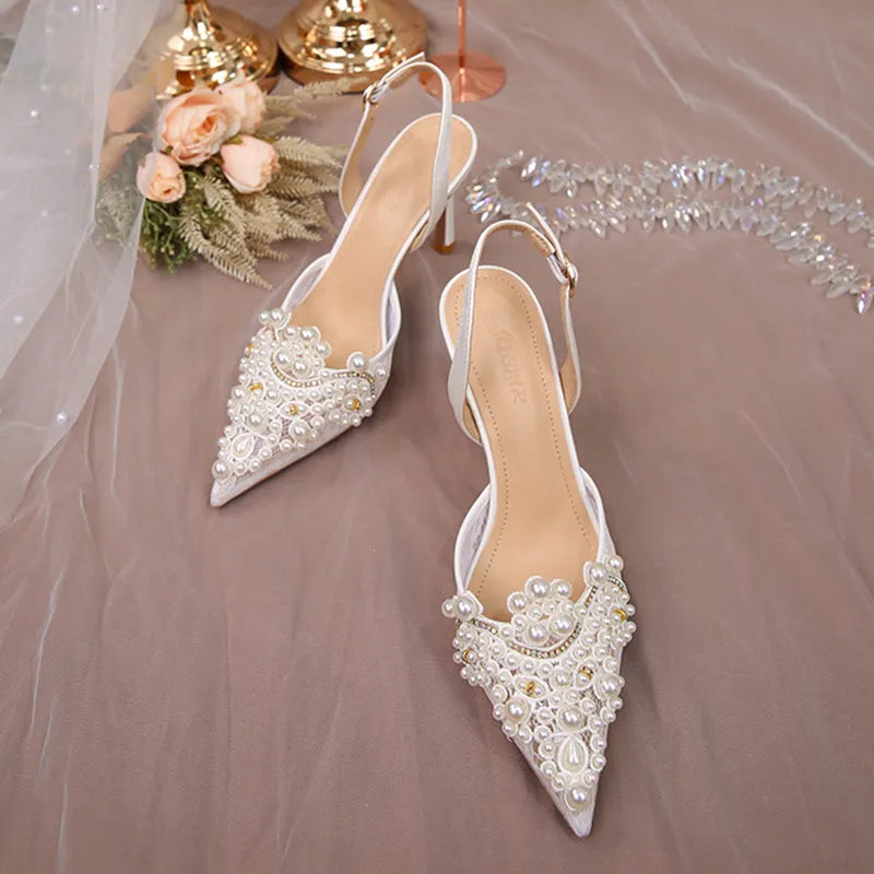 Pearl Crystal Lace White heel