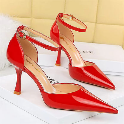 Glossy Ankle Strap Pointed Pencil Heel