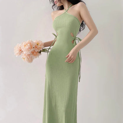 Halter Cut-out Ribbon Long Dress