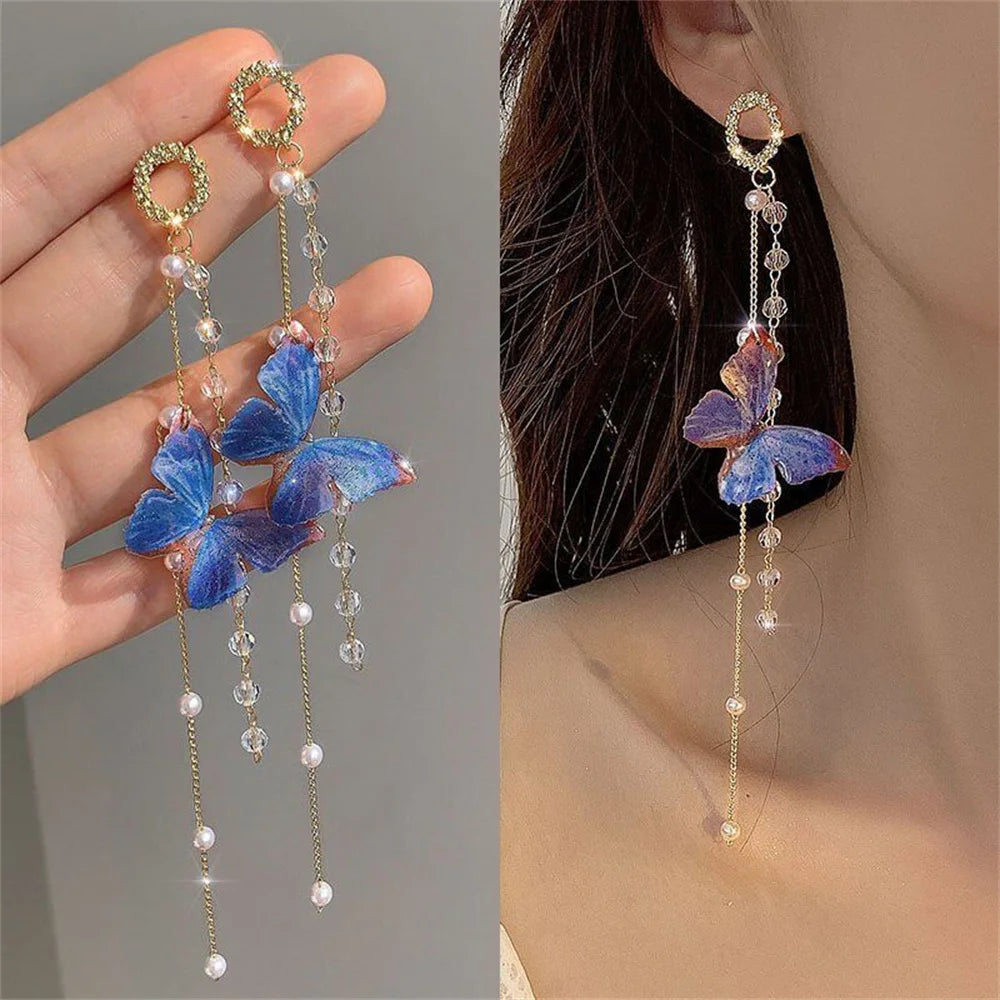 Crystal Pearls Long Tassel Butterfly Earrings fashionnsio