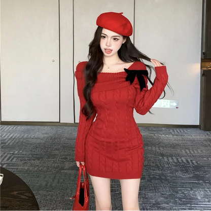 Sweater Knit Mini Bow Dress - Fashionnsio