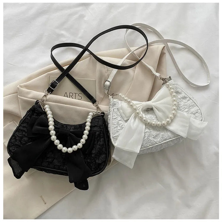 Bow Pearl Mesh Shoulder Bags