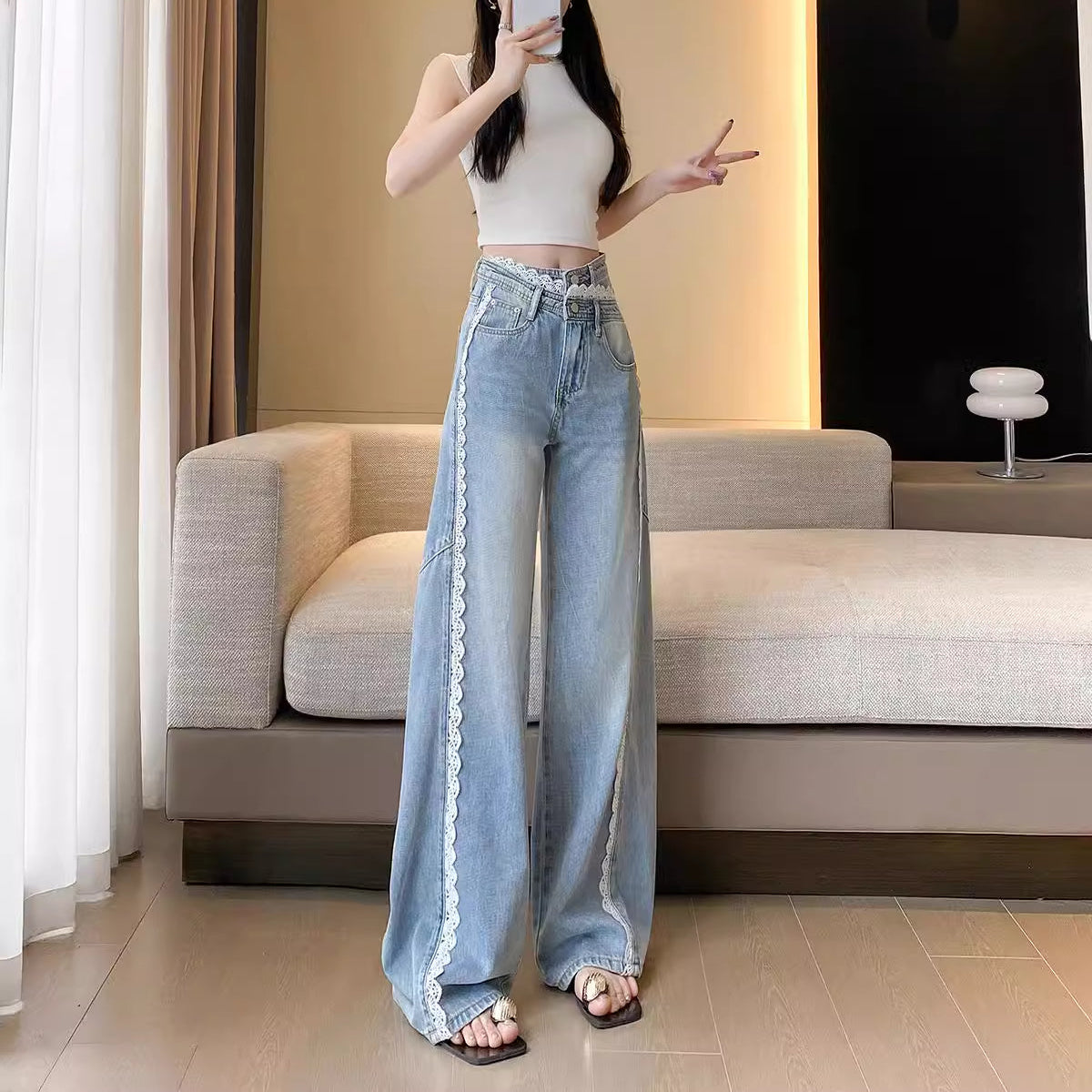 Wide Leg Trim Lace Jeans - Fashionnsio