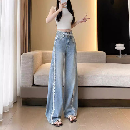 Wide Leg Trim Lace Jeans - Fashionnsio