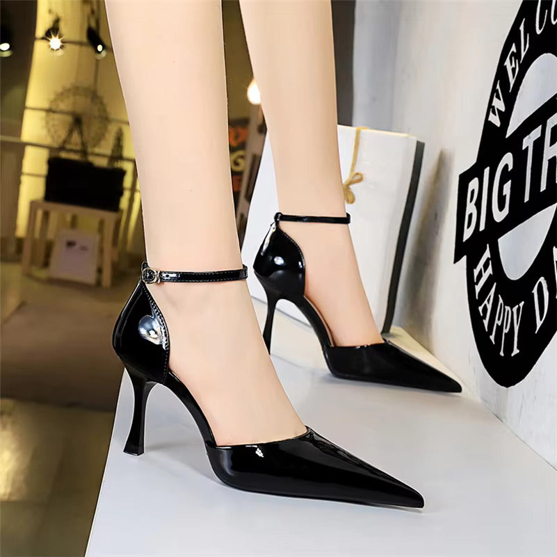 Glossy Ankle Strap Pointed Pencil Heel