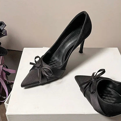Satin Bow Pointed Heels - Fashionnsio