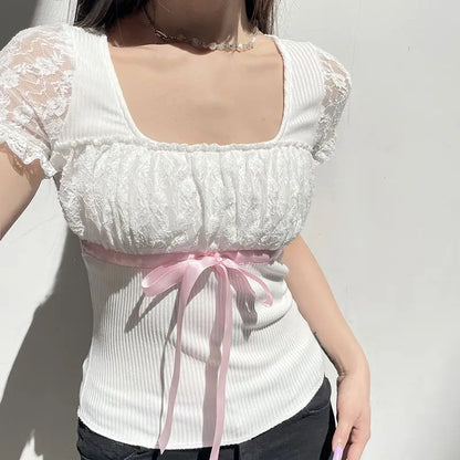 Ribbon Bow Lace Patchwork Top