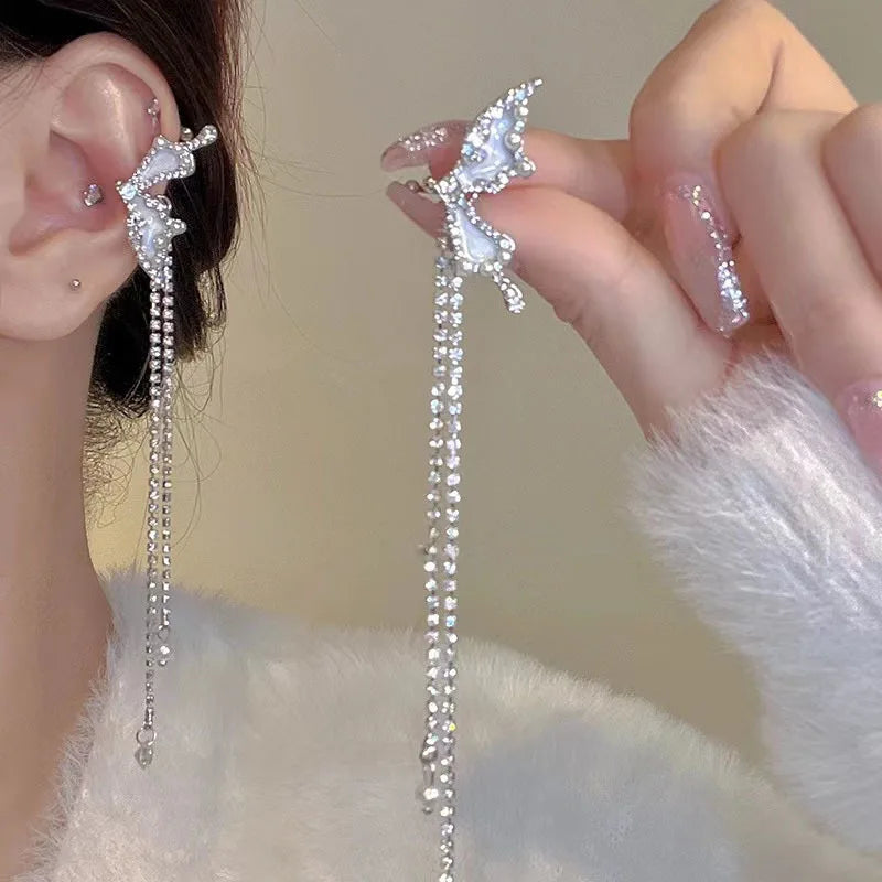 Butterfly Diamond Long Tassel Ear Clip Earrings fashionnsio