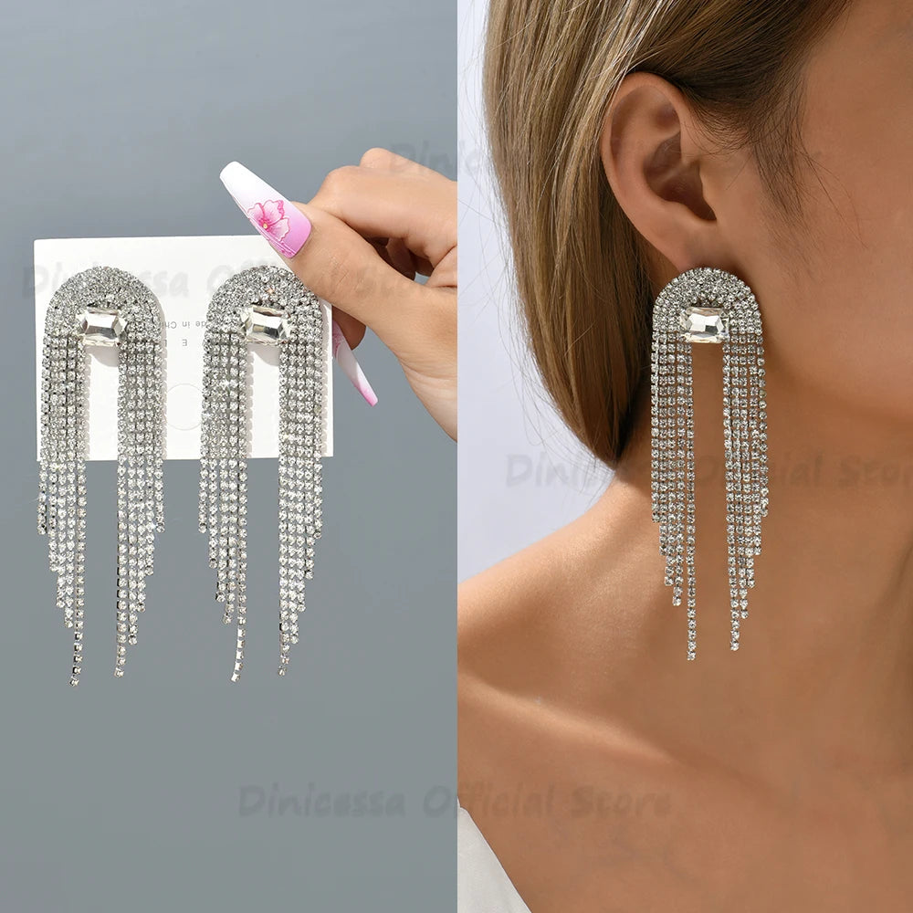 Shiny Long Crystal Tassel Drop Earrings fashionnsio