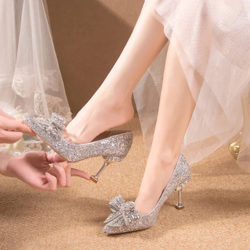 Crystal Sequins Bowknot Cinderella Heels