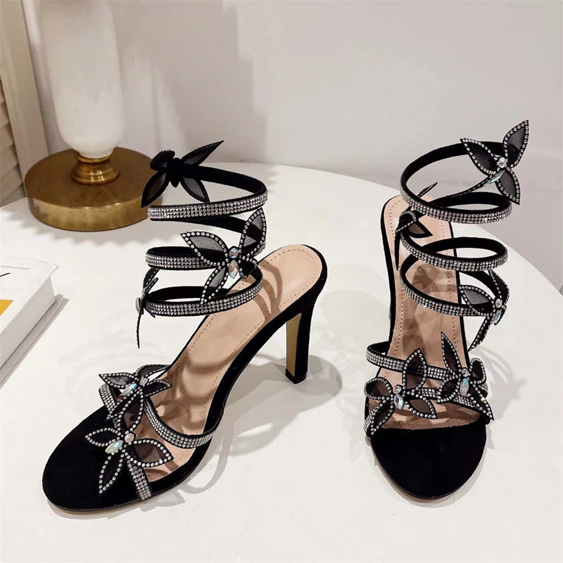 Butterfly Rhinestone Snake Wrapped Heels