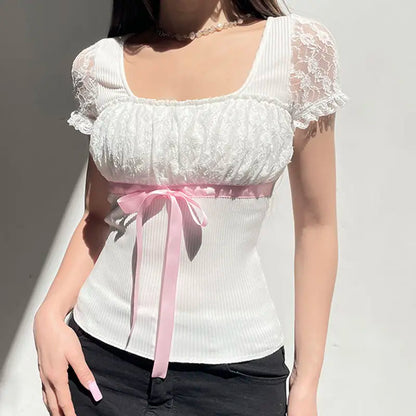 Ribbon Bow Lace Patchwork Top