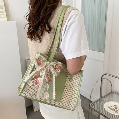 Flower Embroidery Woven Tote Bags - Fashionnsio