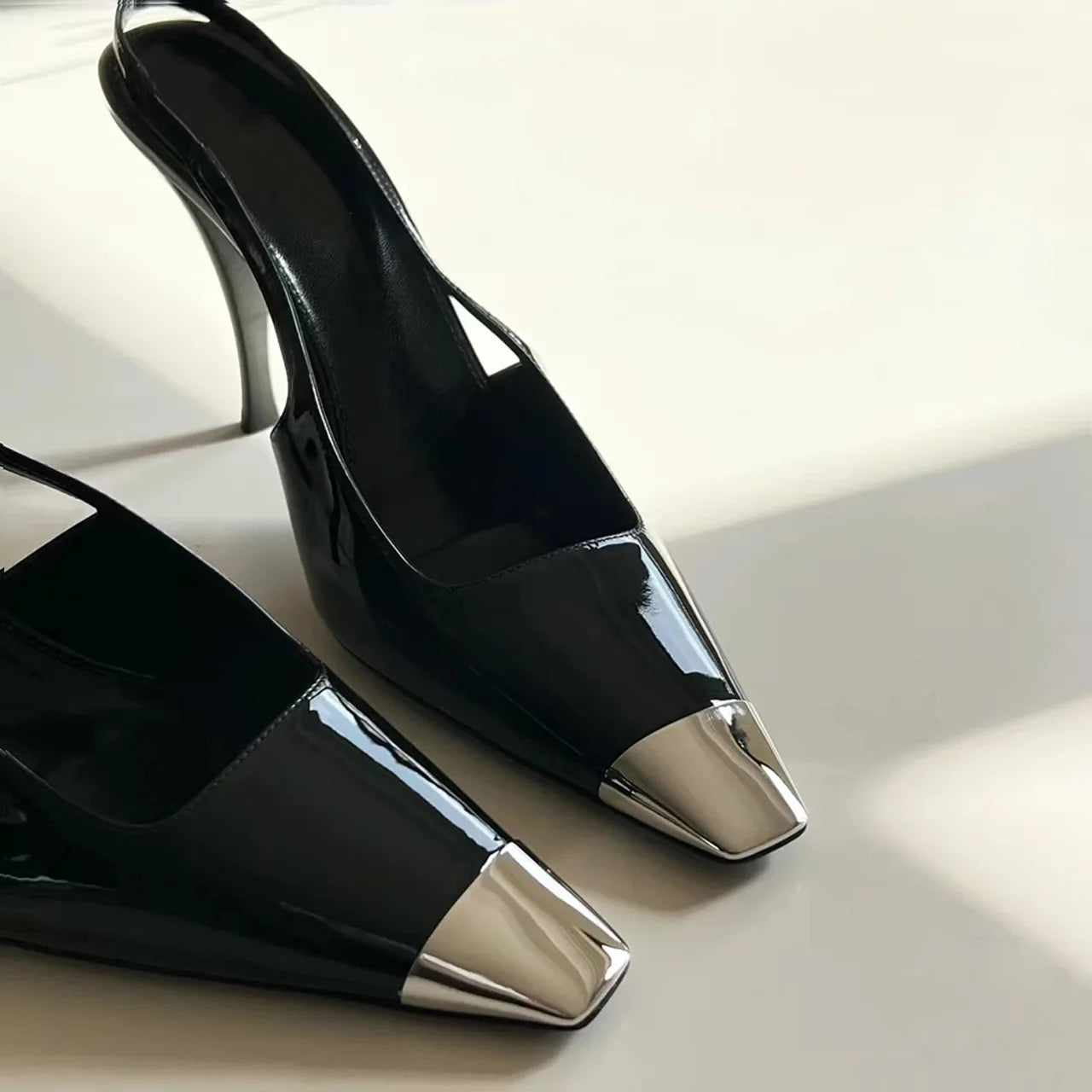 Metal Square Toe Black Heels