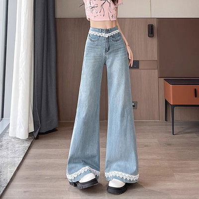 Wide Leg Trim Lace Jeans - Fashionnsio