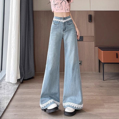Wide Leg Trim Lace Jeans - Fashionnsio