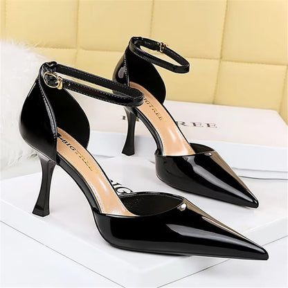 Glossy Ankle Strap Pointed Pencil Heel